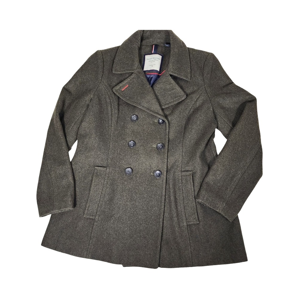 Tommy Hilfiger Double Breasted Peacoat Wool Blend Classic Fit Olive Green Size L